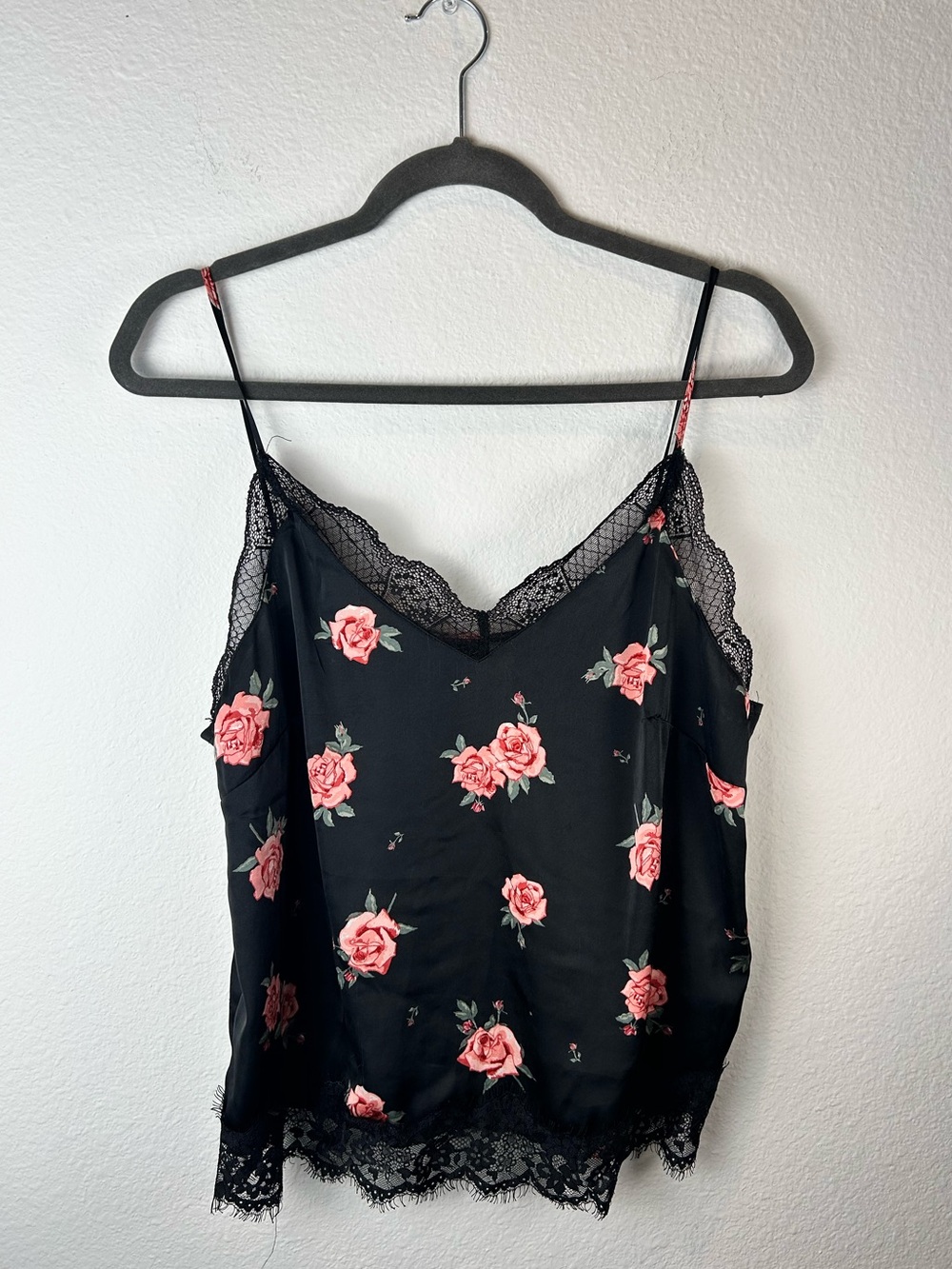H&M Black Camisole with Pink Rose Print and Lace Trim